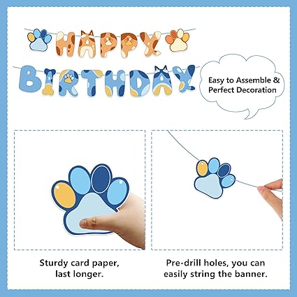 Bluey inspired Blue Dog Birthday Party Decorations 32pcs Blue Themed Happy Birthday Party Supplies Include 1pc Happy Birthday Banner 6pcs Hanging Swirls 18pcs Balloons 12pcs Cake Toppers and 1pc Cupcake Toppers