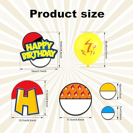 Pokemon inspired cartoon Theme Birthday Party Decoration Set, Red and White Anime Banner Garland Sign Balloon Round Flag Cake Topper Hanging Vortex for Boys & Girls Birthday Party Decoration Supplies