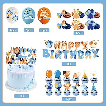 Bluey inspired Blue Dog Birthday Party Decorations 32pcs Blue Themed Happy Birthday Party Supplies Include 1pc Happy Birthday Banner 6pcs Hanging Swirls 18pcs Balloons 12pcs Cake Toppers and 1pc Cupcake Toppers