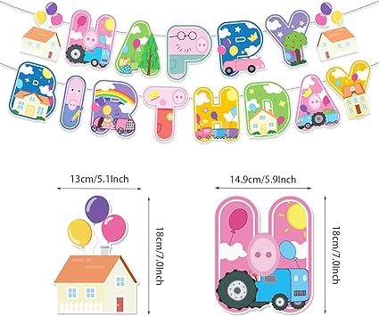 Pink Peppa Pig inspired Birthday Party Supplies,Birthday Banner Cake Toppers Balloons,Pink Pig Theme Party Decorations