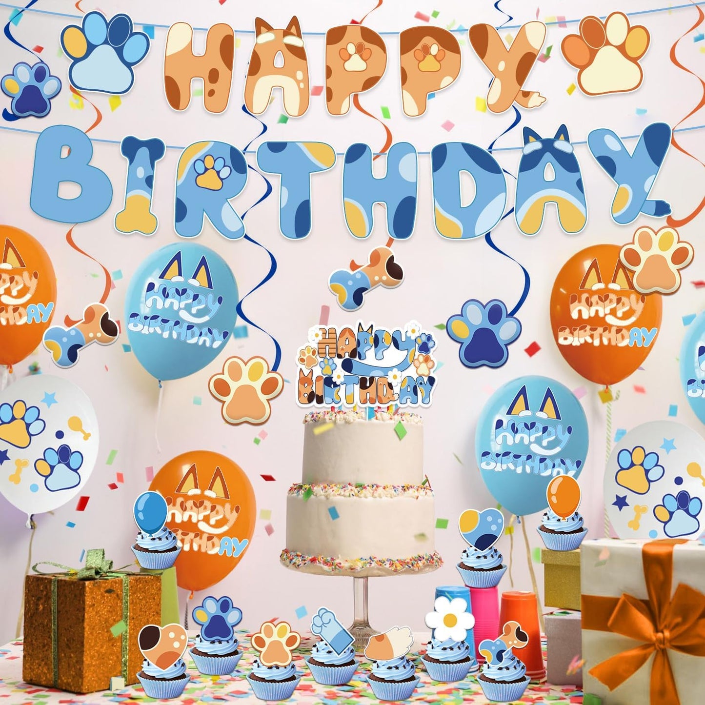 Bluey inspired Blue Dog Birthday Party Decorations 32pcs Blue Themed Happy Birthday Party Supplies Include 1pc Happy Birthday Banner 6pcs Hanging Swirls 18pcs Balloons 12pcs Cake Toppers and 1pc Cupcake Toppers