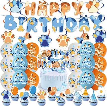 Bluey inspired Blue Dog Birthday Party Decorations 32pcs Blue Themed Happy Birthday Party Supplies Include 1pc Happy Birthday Banner 6pcs Hanging Swirls 18pcs Balloons 12pcs Cake Toppers and 1pc Cupcake Toppers