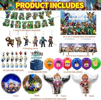 Roblox Birthday Boy Party Decorations - Theme Children's Party Supplies Included Happy Birthday Banner, Backdrop, Hanging Swirls, Tablecloth, Cupcake Cake Toppers, Latex Balloons, Aluminum foil Balloons