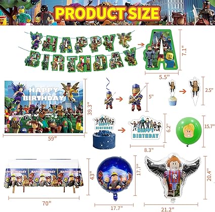 Roblox Birthday Boy Party Decorations - Theme Children's Party Supplies Included Happy Birthday Banner, Backdrop, Hanging Swirls, Tablecloth, Cupcake Cake Toppers, Latex Balloons, Aluminum foil Balloons