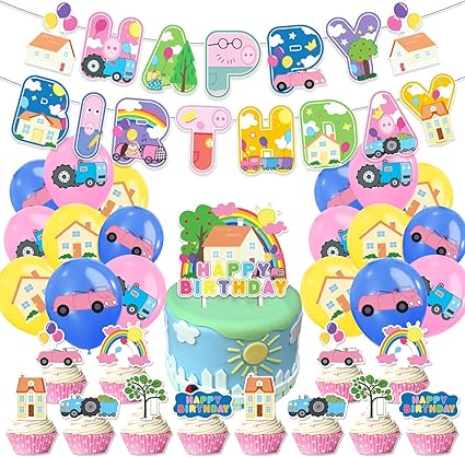 Pink Peppa Pig inspired Birthday Party Supplies,Birthday Banner Cake Toppers Balloons,Pink Pig Theme Party Decorations