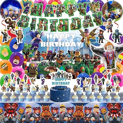 Roblox Birthday Boy Party Decorations - Theme Children's Party Supplies Included Happy Birthday Banner, Backdrop, Hanging Swirls, Tablecloth, Cupcake Cake Toppers, Latex Balloons, Aluminum foil Balloons