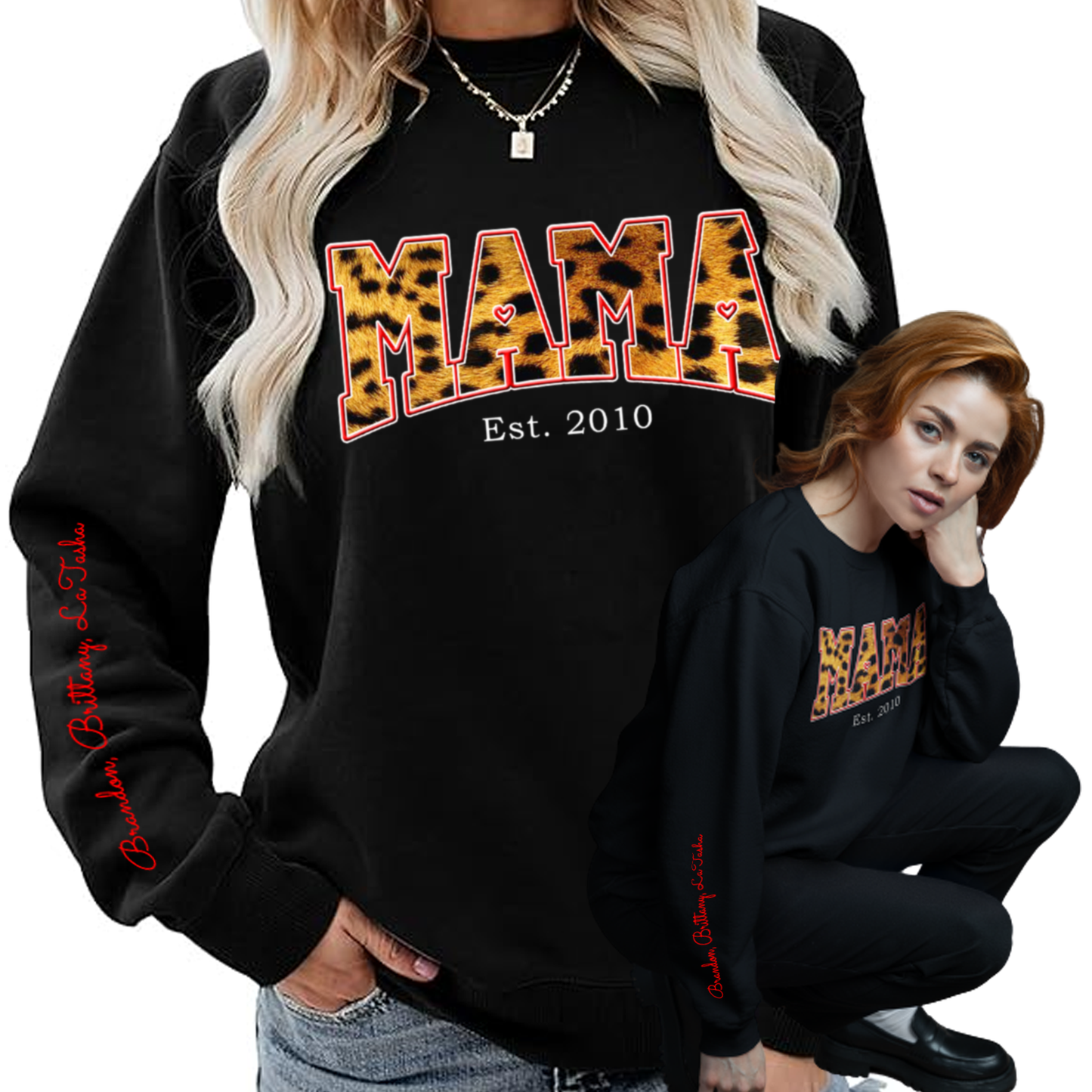 Personalized Mama Est Cheetah print Sweatshirt with Kid Names on Sleeve, Christmas Gifts, Birthday Gift for Mom, New Mom Gift, Mothers Day Gift - Wilson Design Group