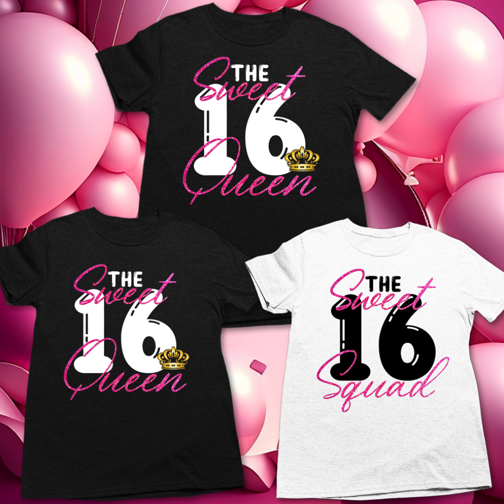 Sweet 16 shirt with pink glitter, sweet 16 t shirts for family - Wilson Design Group