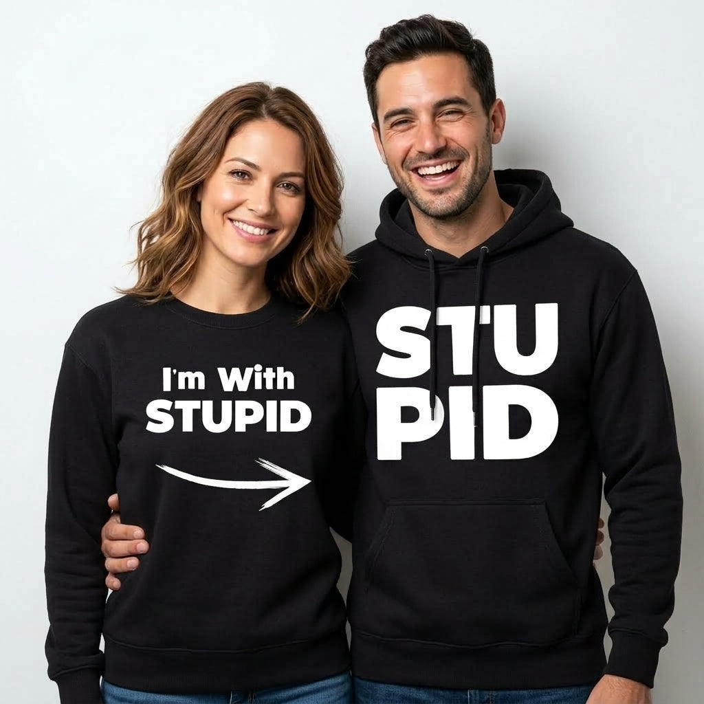 I'm With Stupid Shirt - Matching Couples T-Shirts - Hilarious His & Hers Graphic Tees - Funny Anniversary and Date Night T-Shirts