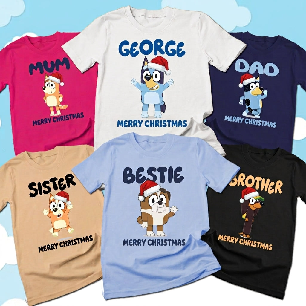 Custom Bluey Christmas Family Shirts | Personalized Family Holiday T-Shirt | Pick Your Bluey Character Matching Shirt Set
