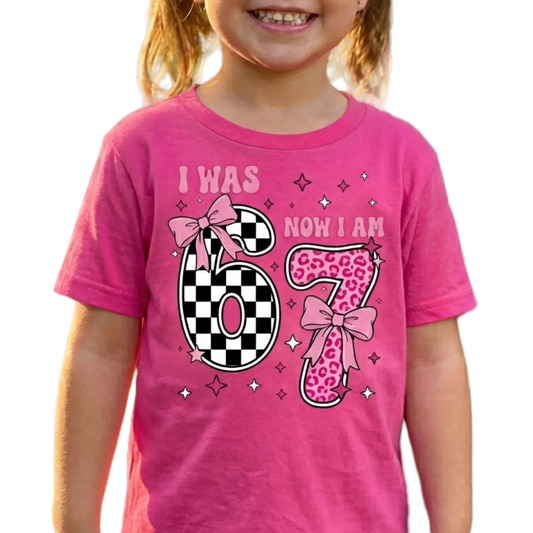 I Was 6 Now I Am 7 Shirt | Girl's 7th Birthday Shirt | Trendy Pink Bow Leopard & Checkered Tee | 7 Year Old Bday Gift