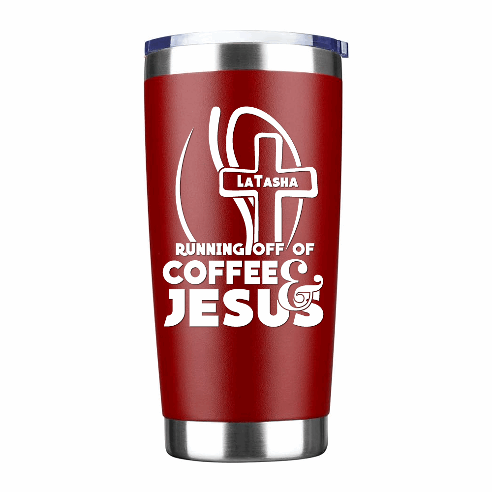 Personalized Running off of Coffee and Jesus coffee tumbler, religious coffee thermos - Wilson Design Group