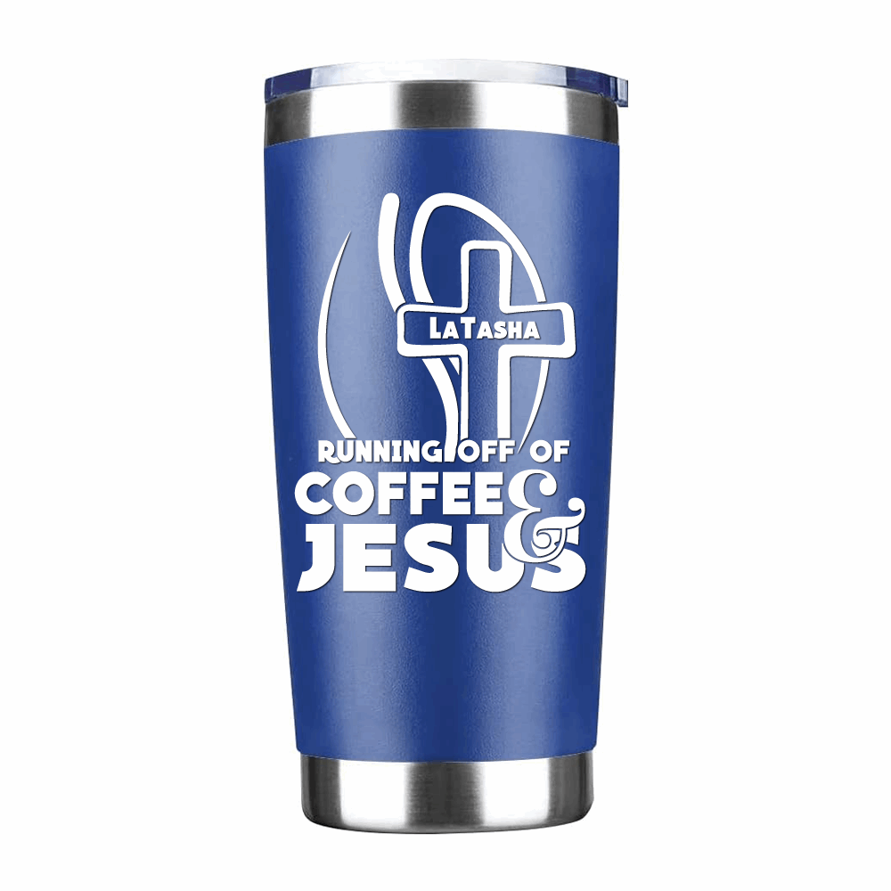 Personalized Running off of Coffee and Jesus coffee tumbler, religious coffee thermos - Wilson Design Group