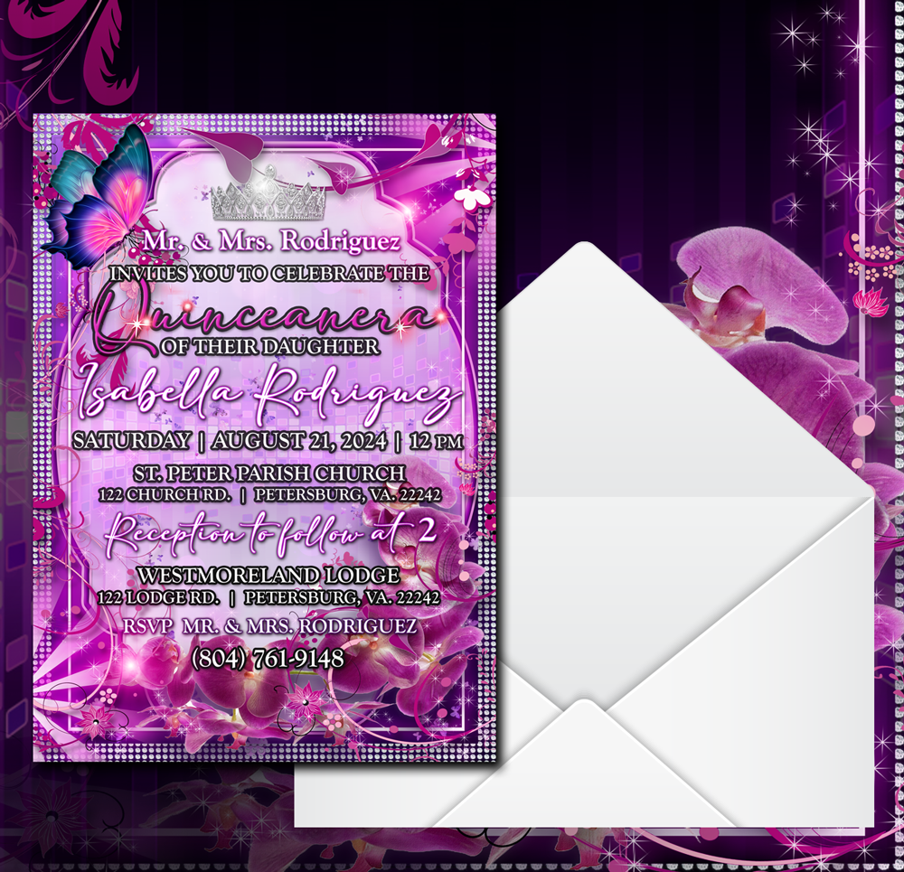 Purple Butterfly Elegant Quinceanera invitations, quince invitations, quiceaƱera invitations 5 in. x 7 in. Invitations with envelopes - Wilson Design Group