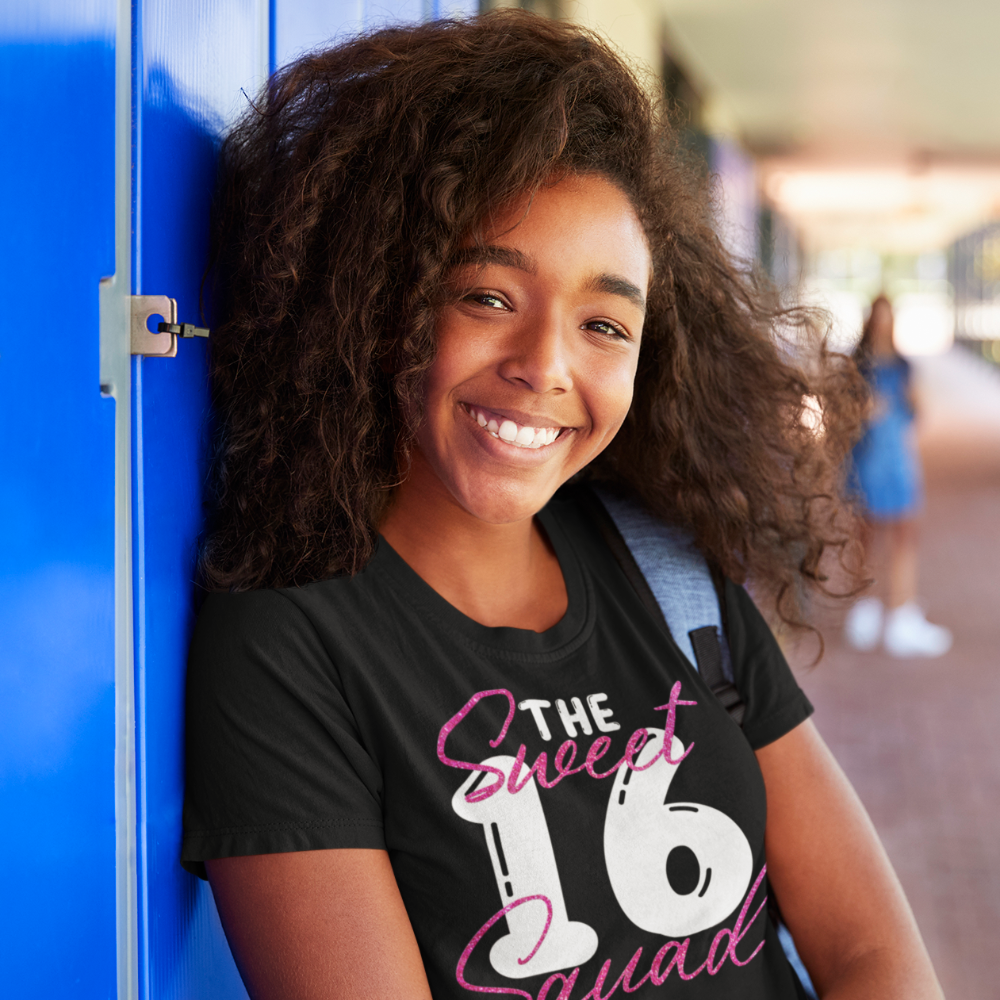 Sweet 16 shirt with pink glitter, sweet 16 t shirts for family - Wilson Design Group