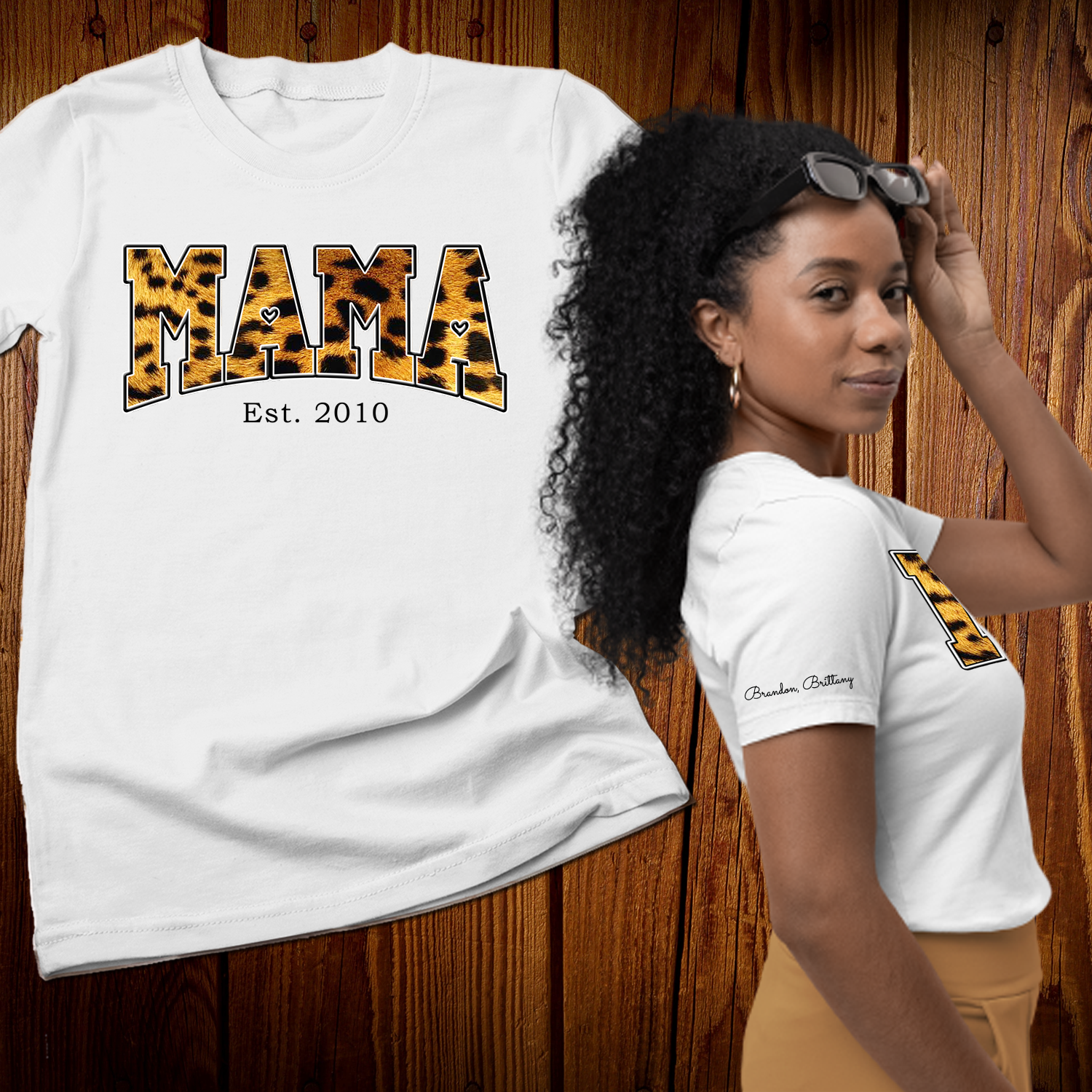 Personalized Mama Est cheetah print t shirt with Kid Names on