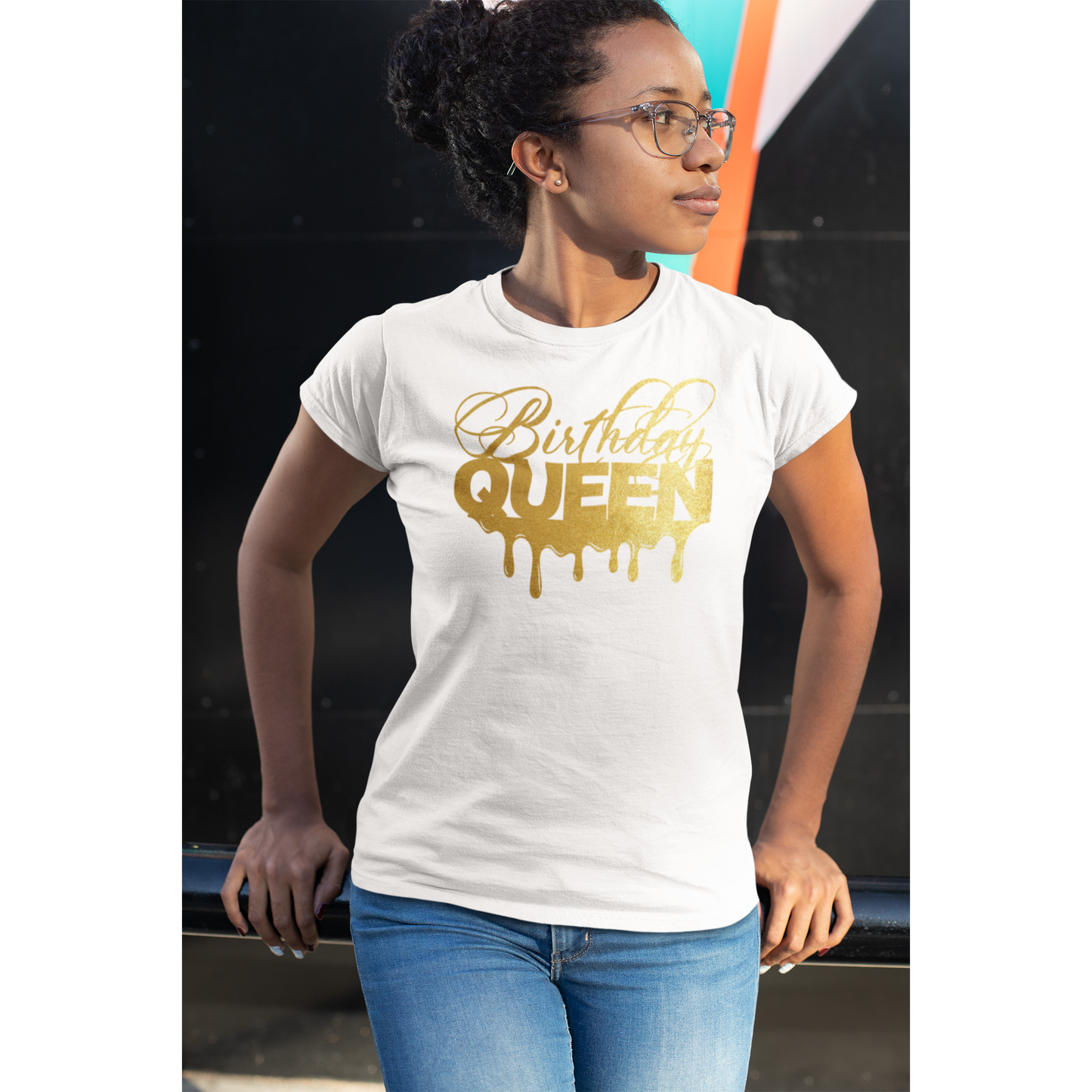 Ladies Gold Print Birthday Queen Drip and Drip Squad Shirt Set - Wilson Design Group
