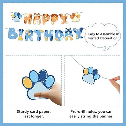 Bluey inspired Blue Dog Birthday Party Decorations 32pcs Blue Themed Happy Birthday Party Supplies Include 1pc Happy Birthday Banner 6pcs Hanging Swirls 18pcs Balloons 12pcs Cake Toppers and 1pc Cupcake Toppers