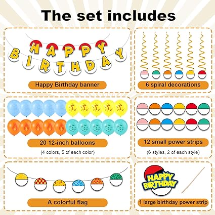 Pokemon inspired cartoon Theme Birthday Party Decoration Set, Red and White Anime Banner Garland Sign Balloon Round Flag Cake Topper Hanging Vortex for Boys & Girls Birthday Party Decoration Supplies