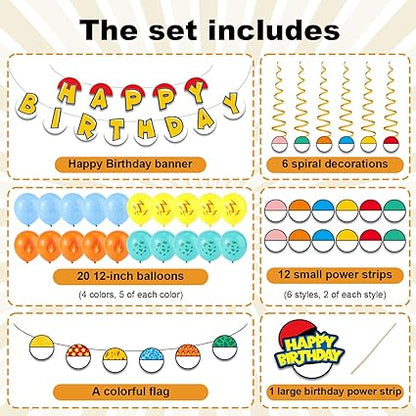 Pokemon inspired cartoon Theme Birthday Party Decoration Set, Red and White Anime Banner Garland Sign Balloon Round Flag Cake Topper Hanging Vortex for Boys & Girls Birthday Party Decoration Supplies