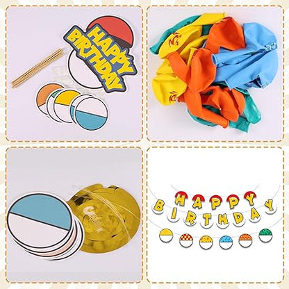 Pokemon inspired cartoon Theme Birthday Party Decoration Set, Red and White Anime Banner Garland Sign Balloon Round Flag Cake Topper Hanging Vortex for Boys & Girls Birthday Party Decoration Supplies