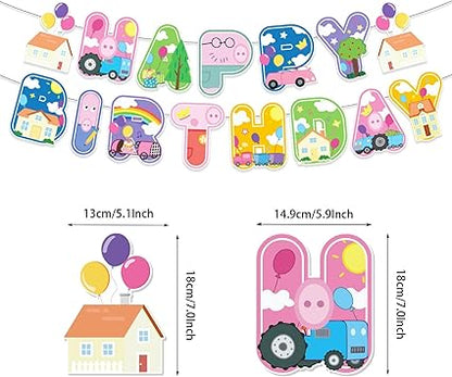 Pink Peppa Pig inspired Birthday Party Supplies,Birthday Banner Cake Toppers Balloons,Pink Pig Theme Party Decorations
