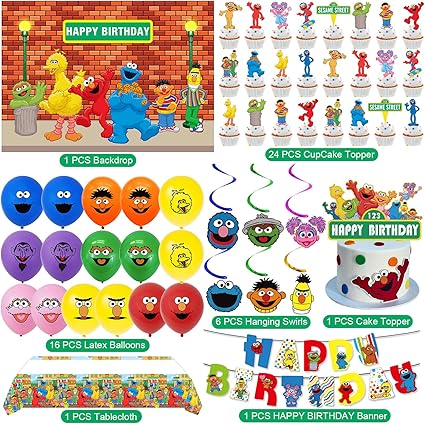 Sesame Street Birthday Party Supplies, Elmo Party Decorations Set Include Banner, Backdrop, Balloons, Hanging Swirls, Cake Cupcake Toppers, Tablecloth for Boys Girls Sesame Theme Party