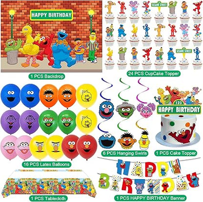 Sesame Street Birthday Party Supplies, Elmo Party Decorations Set Include Banner, Backdrop, Balloons, Hanging Swirls, Cake Cupcake Toppers, Tablecloth for Boys Girls Sesame Theme Party