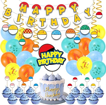Pokemon inspired cartoon Theme Birthday Party Decoration Set, Red and White Anime Banner Garland Sign Balloon Round Flag Cake Topper Hanging Vortex for Boys & Girls Birthday Party Decoration Supplies