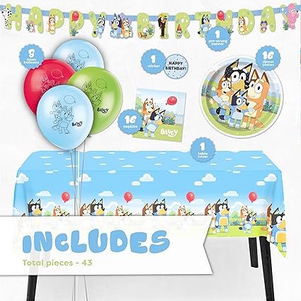 Unique Bluey Birthday Decorations and Supplies | Serves 16 Guests | Bluey Banner, Bluey Tablecloth, Bluey Balloons, Bluey Plates and Napkins, Sticker | Bluey Party Decorations - Wilson Design Group