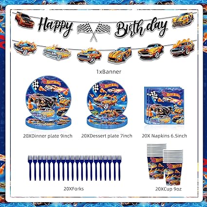 102pcs Hot Wheels Birthday Decorations Tableware Racing Car Theme Party Supplies Set Include Happy Birthday Banner, 9 Inches Plates, 7 Inches Plates, Napkins, Cups, Fork and Tablecloth for Serve 20
