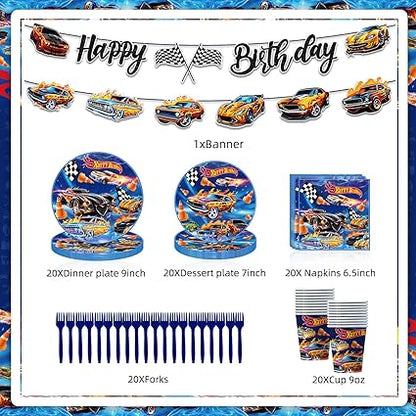 102pcs Hot Wheels Birthday Decorations Tableware Racing Car Theme Party Supplies Set Include Happy Birthday Banner, 9 Inches Plates, 7 Inches Plates, Napkins, Cups, Fork and Tablecloth for Serve 20