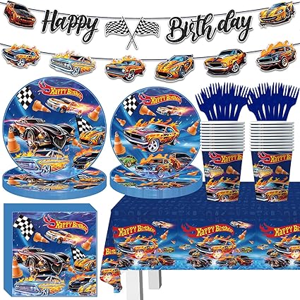 102pcs Hot Wheels Birthday Decorations Tableware Racing Car Theme Party Supplies Set Include Happy Birthday Banner, 9 Inches Plates, 7 Inches Plates, Napkins, Cups, Fork and Tablecloth for Serve 20