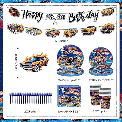 102pcs Hot Wheels Birthday Decorations Tableware Racing Car Theme Party Supplies Set Include Happy Birthday Banner, 9 Inches Plates, 7 Inches Plates, Napkins, Cups, Fork and Tablecloth for Serve 20