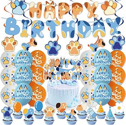 Bluey inspired Blue Dog Birthday Party Decorations 32pcs Blue Themed Happy Birthday Party Supplies Include 1pc Happy Birthday Banner 6pcs Hanging Swirls 18pcs Balloons 12pcs Cake Toppers and 1pc Cupcake Toppers