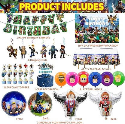 Roblox Birthday Boy Party Decorations - Theme Children's Party Supplies Included Happy Birthday Banner, Backdrop, Hanging Swirls, Tablecloth, Cupcake Cake Toppers, Latex Balloons, Aluminum foil Balloons