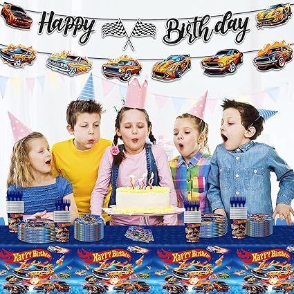 102pcs Hot Wheels Birthday Decorations Tableware Racing Car Theme Party Supplies Set Include Happy Birthday Banner, 9 Inches Plates, 7 Inches Plates, Napkins, Cups, Fork and Tablecloth for Serve 20