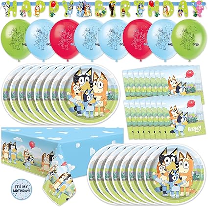 Unique Bluey Birthday Decorations and Supplies | Serves 16 Guests | Bluey Banner, Bluey Tablecloth, Bluey Balloons, Bluey Plates and Napkins, Sticker | Bluey Party Decorations - Wilson Design Group