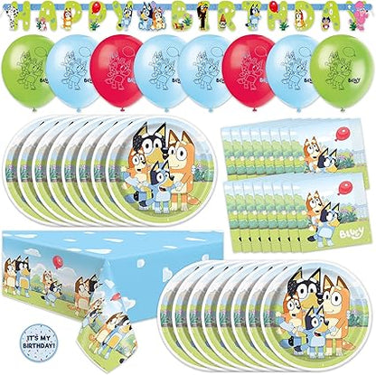 Unique Bluey Birthday Decorations and Supplies | Serves 16 Guests | Bluey Banner, Bluey Tablecloth, Bluey Balloons, Bluey Plates and Napkins, Sticker | Bluey Party Decorations - Wilson Design Group