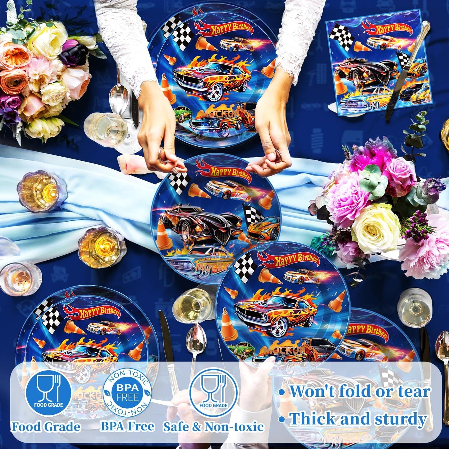 102pcs Hot Wheels Birthday Decorations Tableware Racing Car Theme Party Supplies Set Include Happy Birthday Banner, 9 Inches Plates, 7 Inches Plates, Napkins, Cups, Fork and Tablecloth for Serve 20