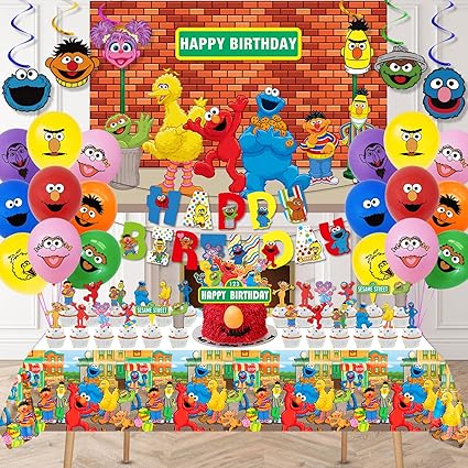 Sesame Street Birthday Party Supplies, Elmo Party Decorations Set Include Banner, Backdrop, Balloons, Hanging Swirls, Cake Cupcake Toppers, Tablecloth for Boys Girls Sesame Theme Party