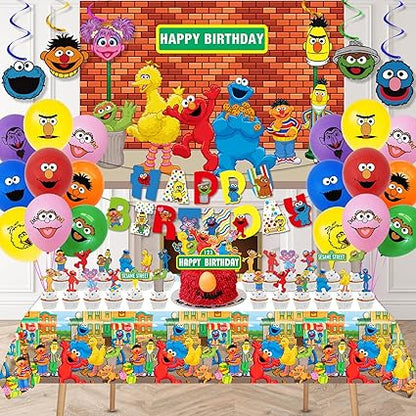 Sesame Street Birthday Party Supplies, Elmo Party Decorations Set Include Banner, Backdrop, Balloons, Hanging Swirls, Cake Cupcake Toppers, Tablecloth for Boys Girls Sesame Theme Party