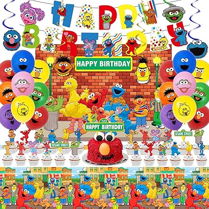 Sesame Street Birthday Party Supplies, Elmo Party Decorations Set Include Banner, Backdrop, Balloons, Hanging Swirls, Cake Cupcake Toppers, Tablecloth for Boys Girls Sesame Theme Party