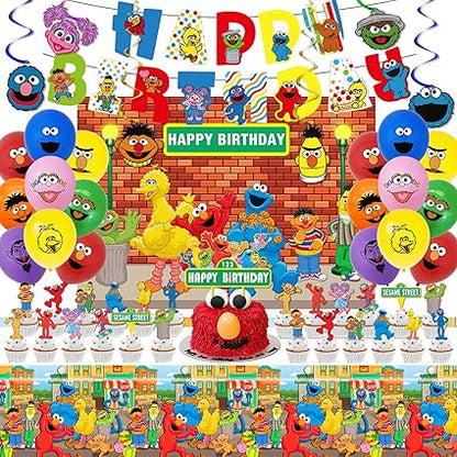 Sesame Street Birthday Party Supplies, Elmo Party Decorations Set Include Banner, Backdrop, Balloons, Hanging Swirls, Cake Cupcake Toppers, Tablecloth for Boys Girls Sesame Theme Party