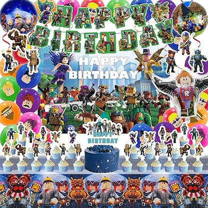 Roblox Birthday Boy Party Decorations - Theme Children's Party Supplies Included Happy Birthday Banner, Backdrop, Hanging Swirls, Tablecloth, Cupcake Cake Toppers, Latex Balloons, Aluminum foil Balloons