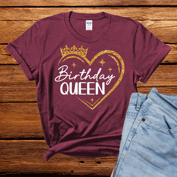 The Birthday Queen with Glitter heart and crown t Shirt, Bling Birthday Tshirt, Birthday Women T-Shirt, Birthday Party Shirt - Wilson Design Group