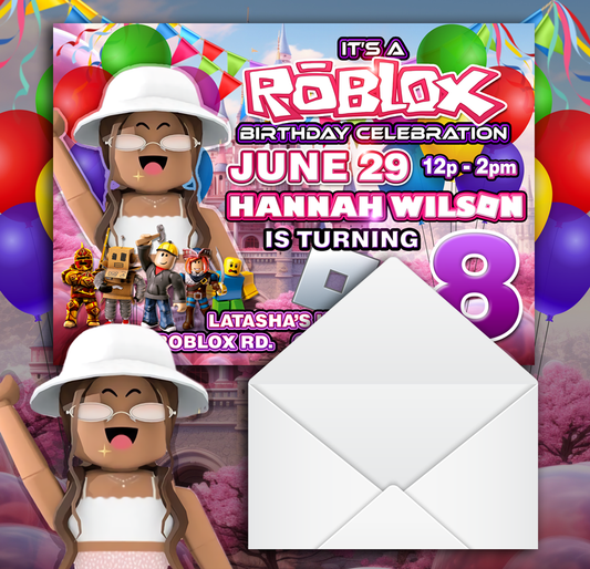Personalized Glossy African American Roblox Birthday Girl Invitations with envelopes ( 5 in. x 7 in.) - Wilson Design Group