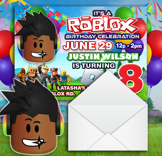 Personalized Glossy African American Roblox Birthday Boy Invitations with envelopes ( 5 in. x 7 in.) - Wilson Design Group