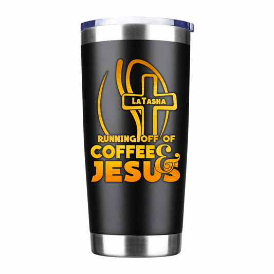 Personalized Running off of Coffee and Jesus coffee tumbler, religious coffee thermos - Wilson Design Group