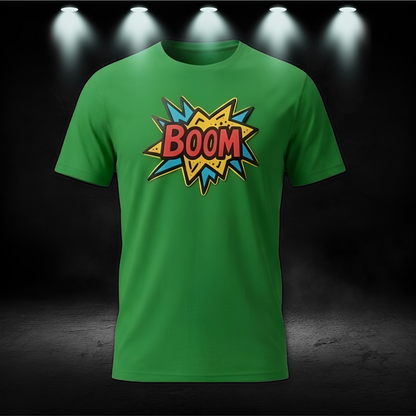 Green t-shirt with 'BOOM' graphic design on a dark background